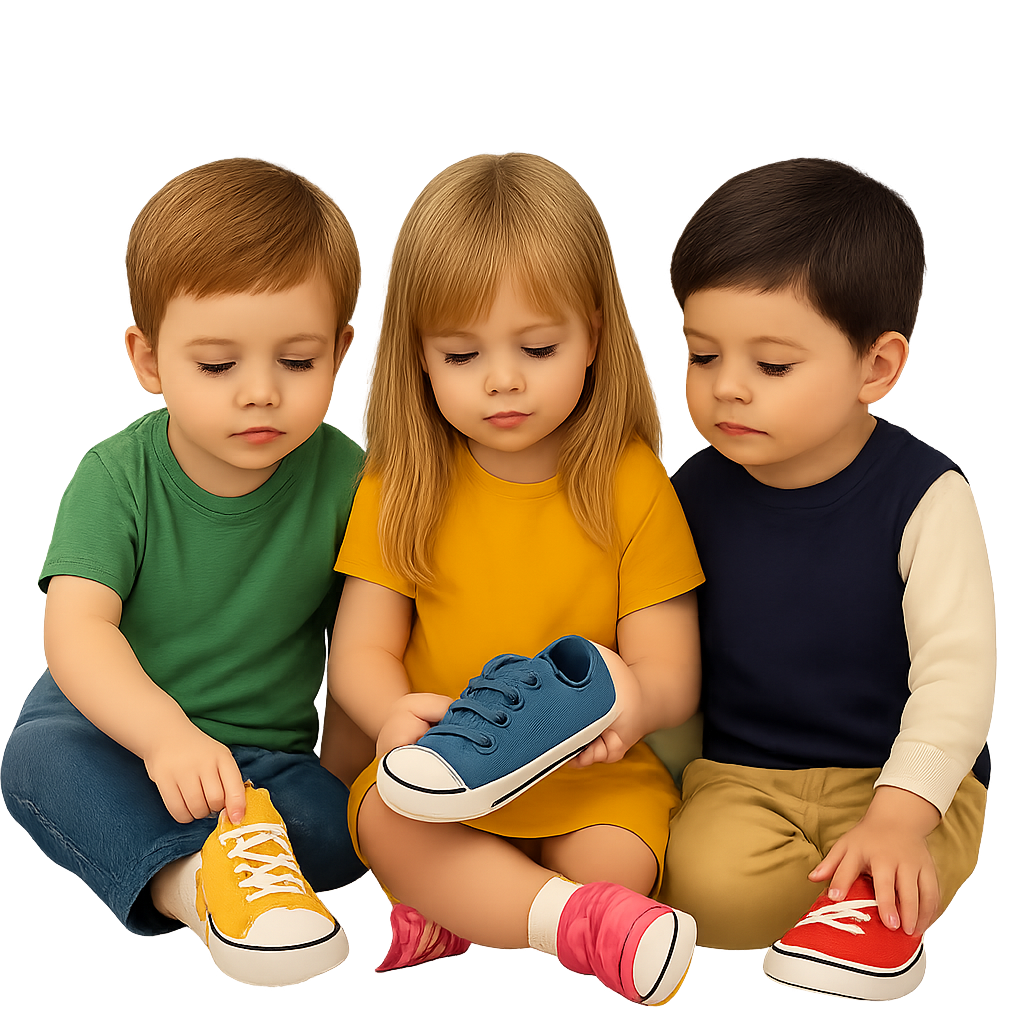 سه کودک ایرانی در حال بررسی کفش‌های بچه‌گانه رنگارنگ برند کفشولو