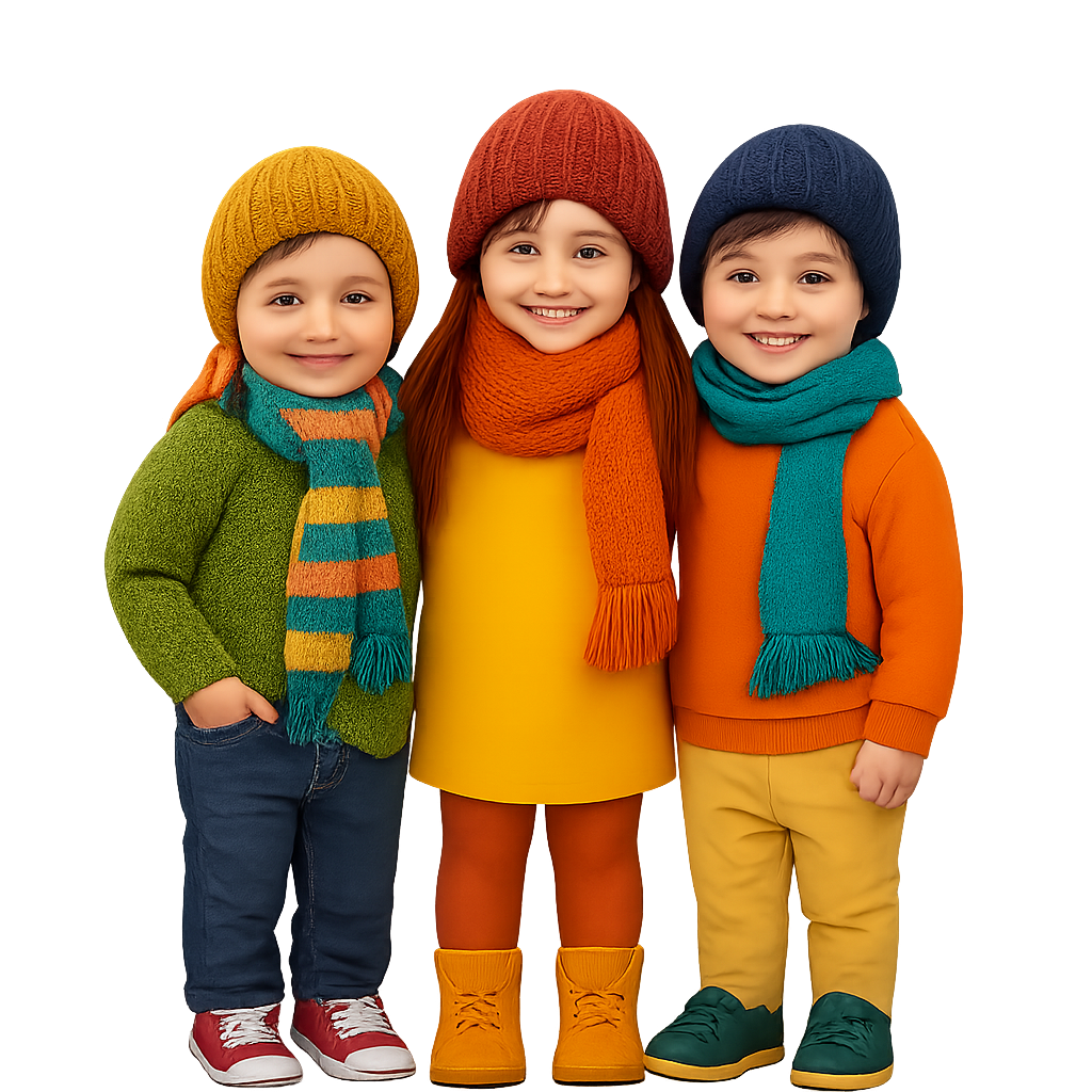 سه کودک ایرانی با لباس‌های زمستانی رنگارنگ و کفش‌های بچه‌گانه، مناسب برای برند کفشولو