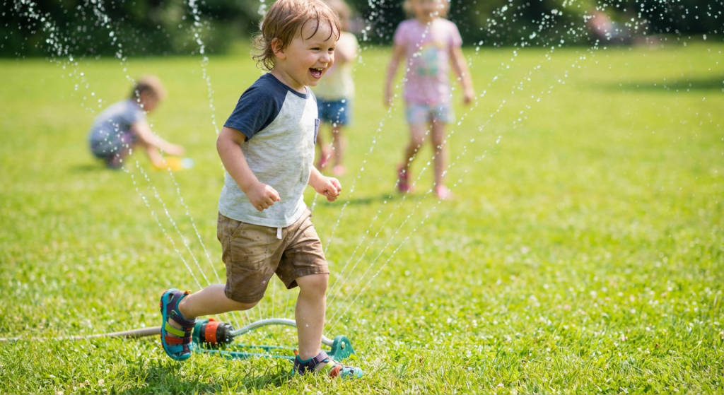 بهترین کفش برای هر فصل: راهنمای جامع خرید کفش تابستانی و زمستانی کودکان در "کفشولو" 1 کودک خندان در حال دویدن و بازی با آبپاش در پارک، با پوشیدن صندلهای تابستانی راحت و ضد آب که پاهایش را خنک نگه میدارد.