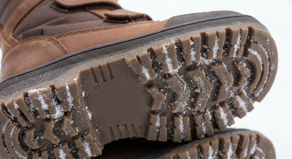 بهترین کفش برای هر فصل: راهنمای جامع خرید کفش تابستانی و زمستانی کودکان در "کفشولو" 2 نمای نزدیک از کفی لاستیکی ضخیم و عاجدار یک جفت نیمبوت زمستانی بچگانه قهوهای روی برف. عاجهای عمیق برای جلوگیری از لیز خوردن به وضوح دیده میشوند.