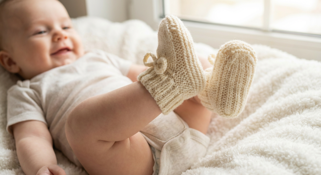 از اولین قدمها تا مدرسه: راهنمای جامع انتخاب کفش مناسب سن کودک در "کفشولو" 1 تصویر کلوزآپ از پاهای کوچک یک نوزاد چند ماهه که پاپوشهای بافتنی نرم و دستباف کرم رنگ با پاپیون کوچک پوشیده است. نوزاد روی یک پتو دراز کشیده است.