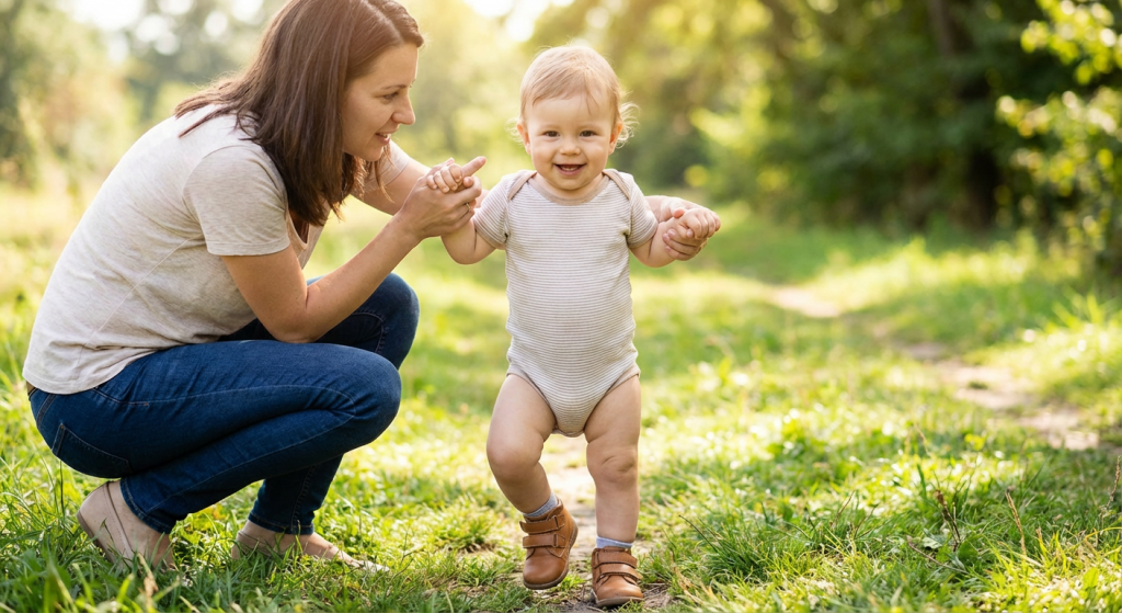 از اولین قدمها تا مدرسه: راهنمای جامع انتخاب کفش مناسب سن کودک در "کفشولو" 2 تصویری گرم از یک مادر که دستان فرزند نوپای خود را گرفته و به او در برداشتن اولین قدمها در فضای باز کمک میکند. کودک یک جفت کفش ساقدار و انعطافپذیر مناسب نوپا با بند چسبی پوشیده است و هر دو لبخند میزنند.